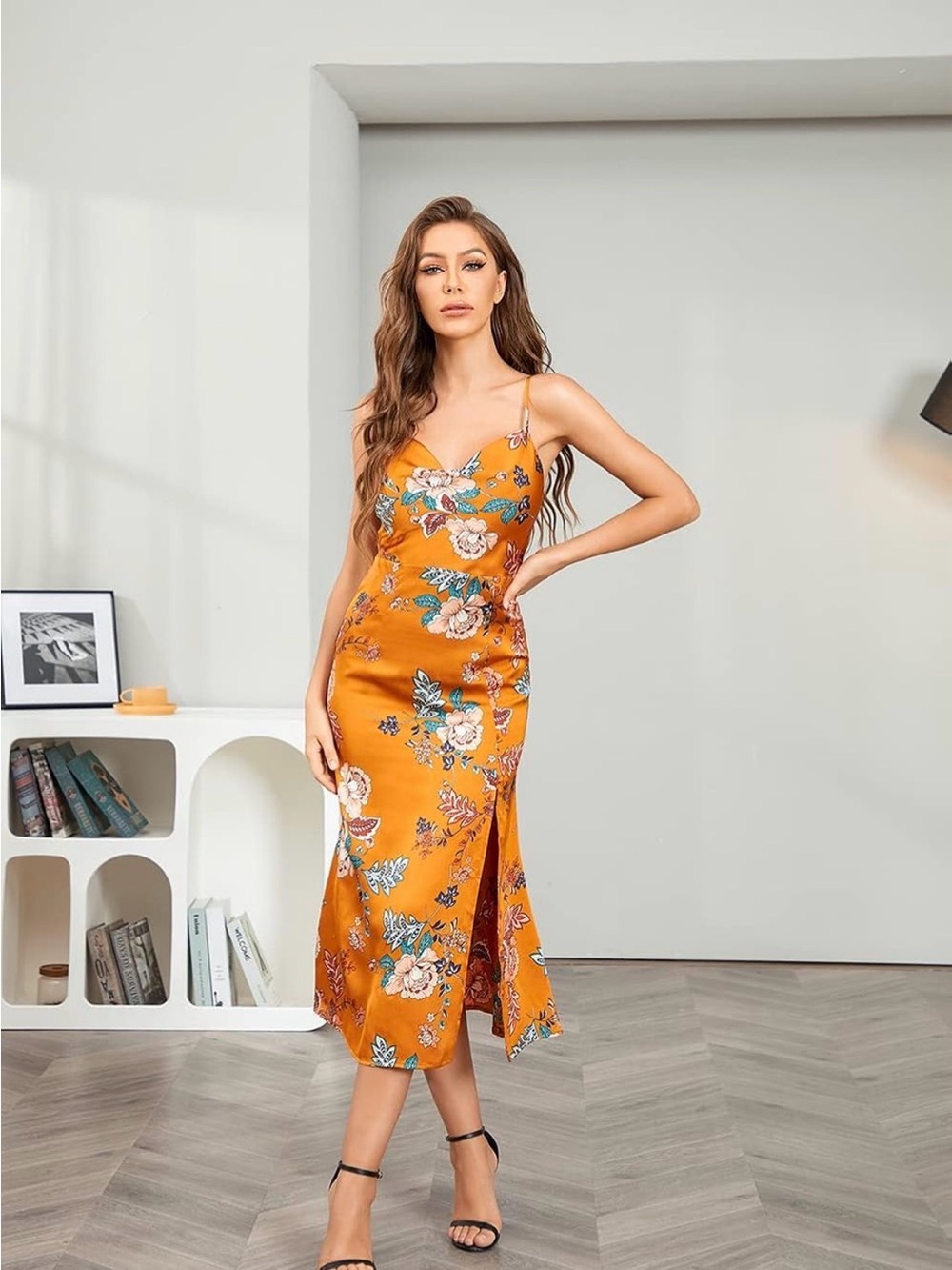 Floral Satin Slip Dress in Burnt Orange